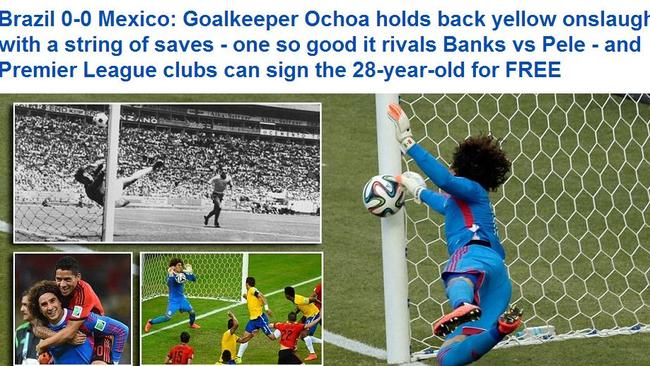 The Daily Mail compares Ochoa’s save to England legend Gordon Banks.