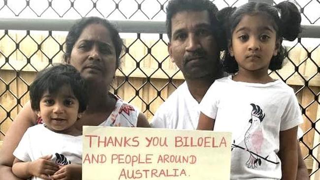 ‘Priya’ Nadarasa and ‘Nades’ Murugappan with their Australian-born daughters, Tharunicaa, 2, and Kopika, 4. The family has been transported to Christmas Island awaiting deportation after living in Biloela on bridging visas. A case determining if Tharunicaa is eligible for protection will seal their fate. Picture: AAP