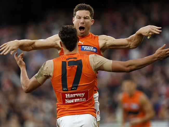 Giants Toby Greene celebrates the goal of Finn Callaghan during the AFL Elimination Final between St. Kilda Saints and the GWS Giants at the MCG on September 9, 2023. Photo by Phil Hillyard(Image Supplied for Editorial Use only - **NO ON SALES** - Â©Phil Hillyard )