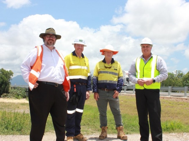 Member for Dawson George Christensen, project manager Jeff Hughes, TMR project manager Craig Caton and Member for Thuringowa Aaron Harper.