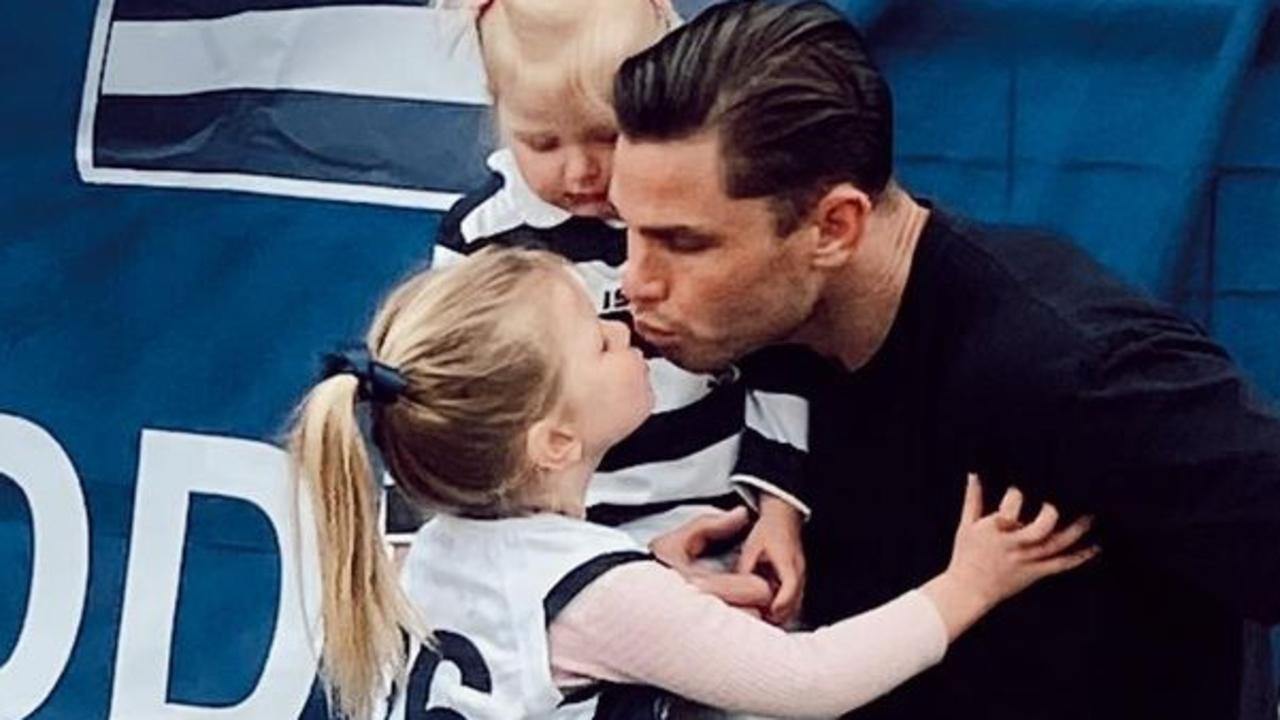 Geelong star Tom Hawkins with his children ahead of his 300th game. Picture: Instagram