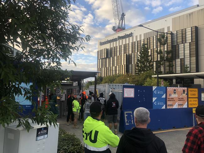 The CFMEU blocking the Cross River Rail site on Thursday. Picture: Shaye Windsor