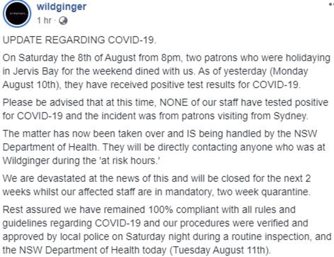 The post on Facebook revealed a cafe on the NSW south coast had to be closed because of a tourist testing positive.