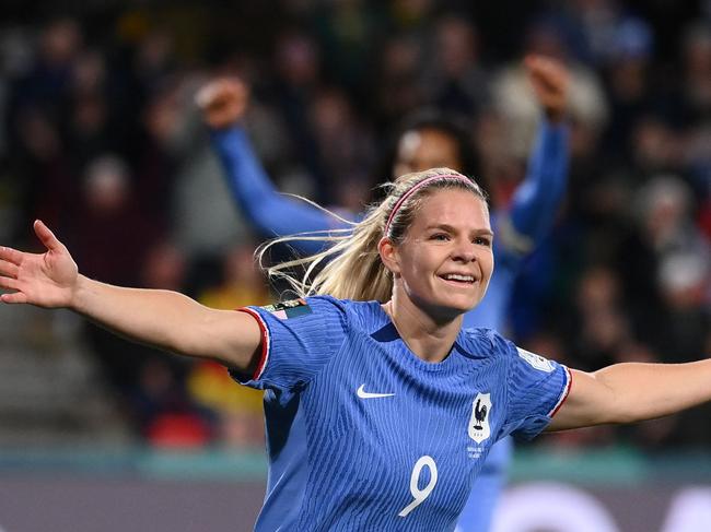 Eugenie Le Sommer celebrates scoring against Morocco. Picture: FRANCK FIFE / AFP.