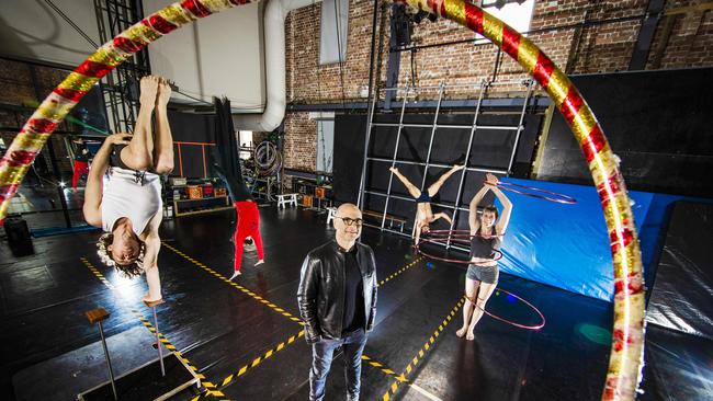 Yaron Lifschitz, artistic director of Circa with acrobats Jarrod Takle, Keaton Hentoff-Killian, Piri Goodman, and Jessica Connell. Picture: Nigel Hallett