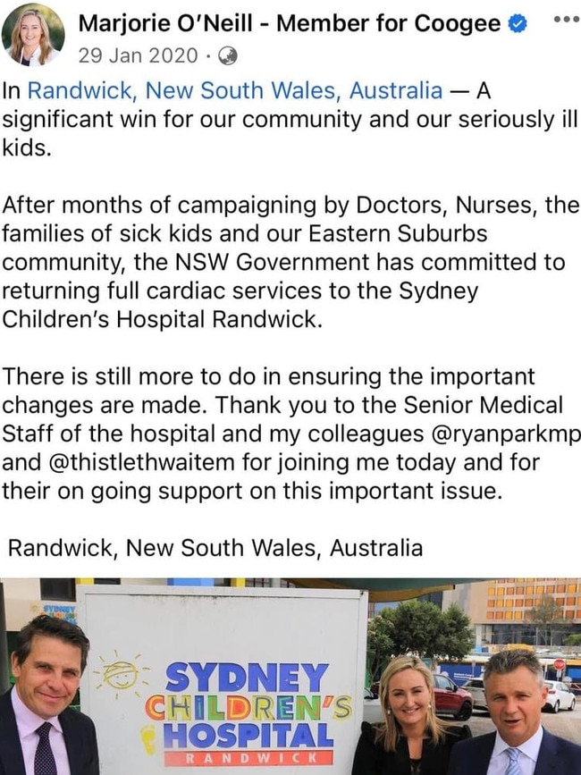 Facebook post by Coogee MP Marjorie O’Neill, supported by Health Minister Ryan Park and federal MP Matt Thistlethwaite.