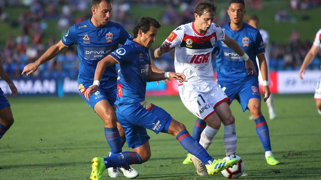 Adelaide’s Craig Goodwin takes on the Newcastle defence during their scoreless draw at McDonald Jones Stadium. Picture: Getty Images