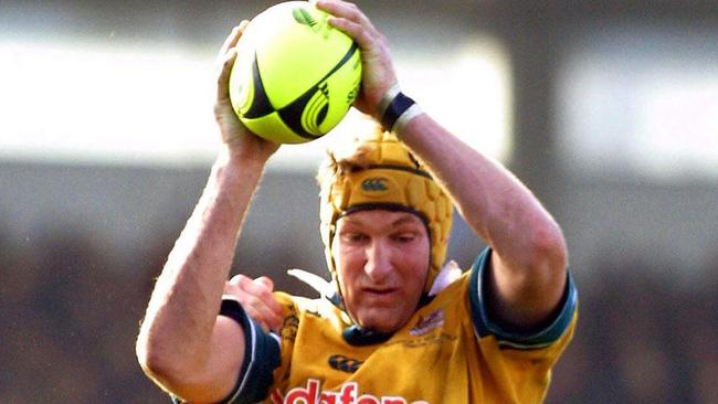 Justin Harrison in his Wallaby days against the New Zealand All Blacks at Dunedin in 2001.