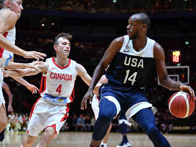 Khris Middleton playing for the US against Canada at Qudos Bank Arena in Sydney in 2019. Picture: AAP Image/Dean Lewins.