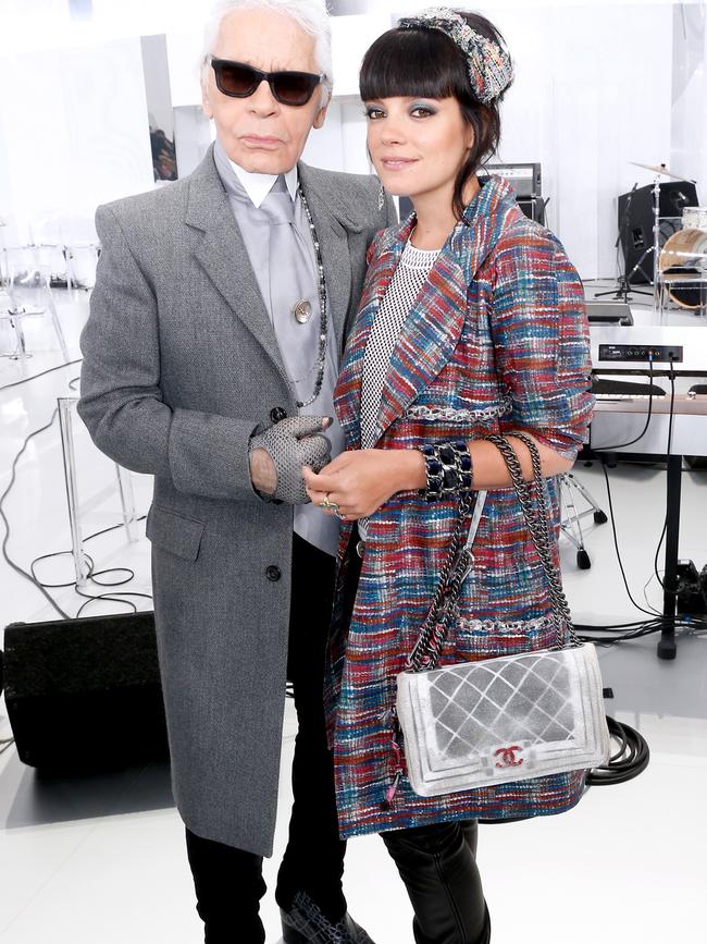 Singer Lily Allen and Lagerfeld pose backstage after the 2014 Chanel show in Paris. Picture: Bertrand Rindoff Petroff/Getty Images