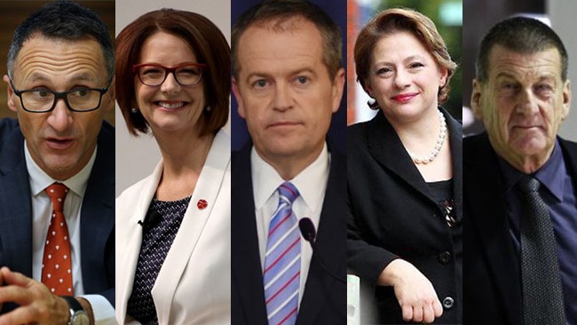 Victorian politicians: Greens leader Richard DiNatale, former Prime Minister Julia Gillard (now resident in South Australia, but represented a Victorian electorate), Labor leader Bill Shorten, former Liberal MP and current candidate Sophie Mirabella, and former Premier Jeff Kennett.