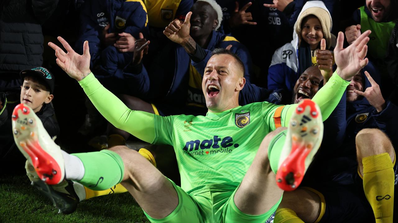 Mariners captain Danny Vukovic celebrates after his side secured a spot in the A-League grand final. Picture: Scott Gardiner/Getty Images