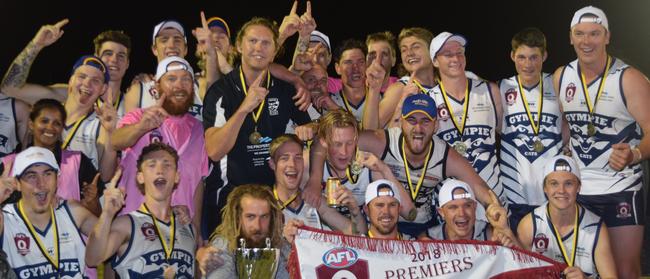 The Gympie Cats celebrate after capturing the 2018 AFL Wide Bay Premiership.