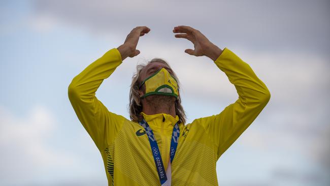 Owen Wright of Team Australia celebrates his Bronze medal on the podium on day four of the Tokyo 2020 Olympic Games. Picture: Olivier Morin - Pool/Getty Images