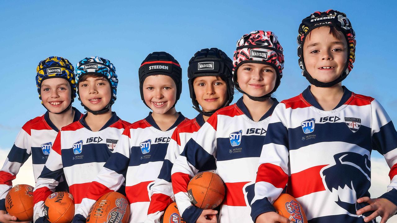 Highett Football Club junior players wearing helmets. Under 9 and 10 players Xavier, Mason, Lenny, Fletcher, Healey and Phoenix. Picture: Ian Currie