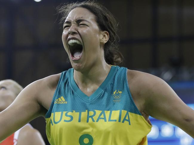 Australia center Liz Cambage reacts after making a basket and receiving a foul during the second half of a women's basketball game against Belarus at the Youth Center at the 2016 Summer Olympics in Rio de Janeiro, Brazil, Saturday, Aug. 13, 2016. Australia defeated Belarus 74-66. (AP Photo/Carlos Osorio)