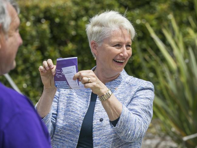 Independent candidate in the Wentworth by-election, Kerryn Phelps, at pre-polling at Waverly Oval today. Picture: Dylan Robinson