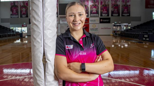 Adelaide Thinderbird and Australian netballer Georgie Horjus has been nominated for women of the year poses at Netball SA Stadium.Thursday,February,13,2025.Picture Mark Brake