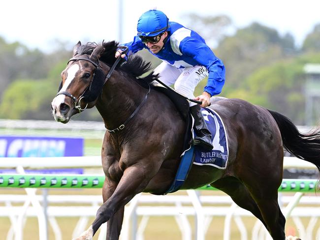 Mister Bianco scores for prominent owner Peter Tighe and trainer Paul Shailer, wearing the racing colours made famous by Winx. Picture: Grant Peters, Trackside Photography.