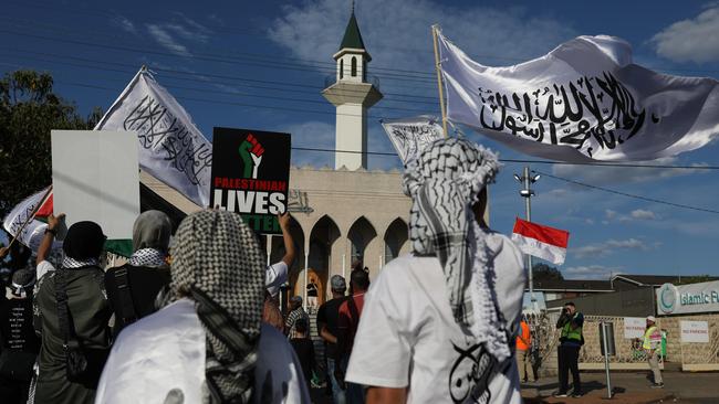 Monday’s rally outside Lakemba Mosque. Picture: Jane Dempster