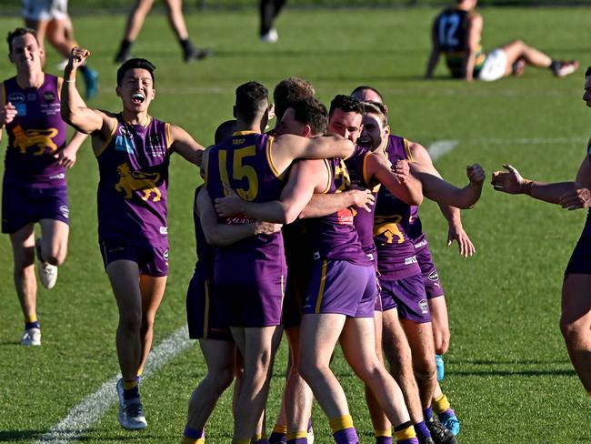 CollegiansÃ celebrate on the siren after winning the VAFA Premier Division Grand Final between Collegians and St Kevin's at Elsternwick Park in Brighton, Sunday, Sept. 24, 2023. Picture: Andy Brownbill