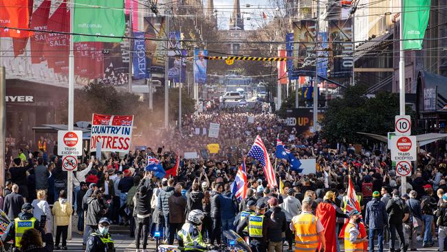 Thousands of Melburnians protesting Covid restrictions in Melbourne’s CBD. Picture: Mark Stewart