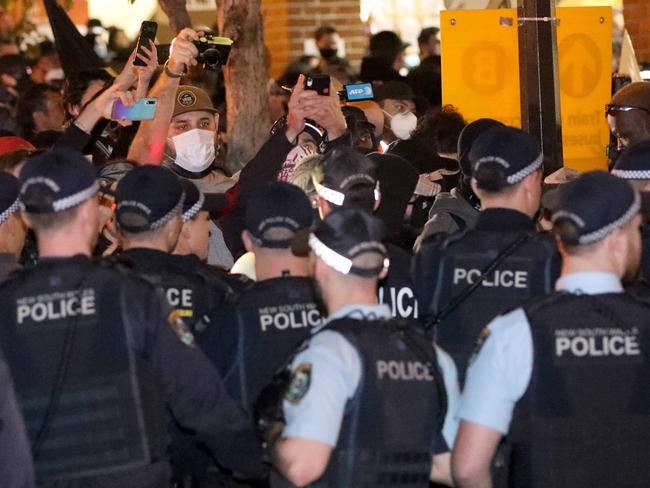 Protesters and police at Central Station during the Stop All Black Deaths in Custody Protest. 6th June, 2020. Picture by Damian Shaw