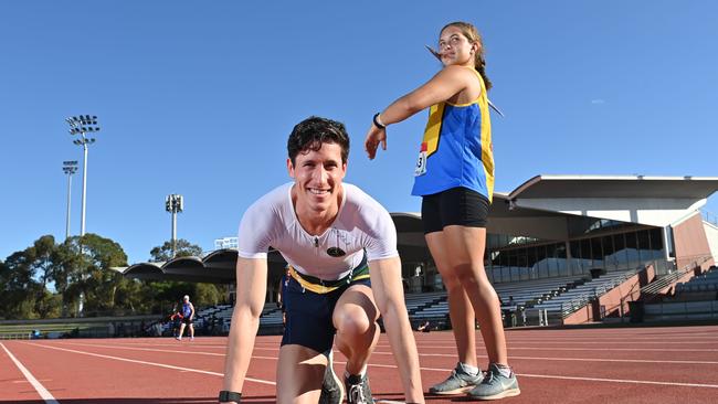 Rising javelin star Salumi Robberts with sprinter Liam Moss ahead of the 2021 Copyworld Toshiba SA Track and Field Championships. Picture: Keryn Stevens