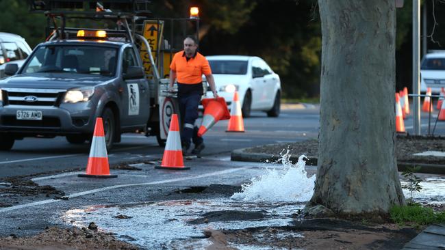 Water gushing from a burst water main in Jeffcott St, North Adelaide and threatened to flood homes. Picture: Tait Schmaal.