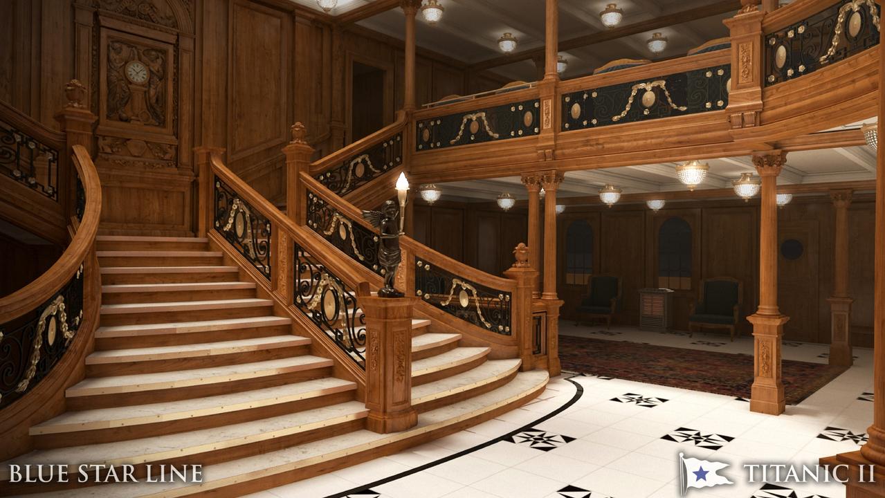 20/02/2013 WIRE: In this rendering provided by Blue Star Line, the grand staircase on the Titanic II is shown. The replica ship, which Australian billionaire Clive Palmer is planning to build in China, is scheduled to sail in 2016. Palmer said his ambitious plans to launch a copy of the Titanic and sail her across the Atlantic would be a tribute to those who built and backed the original. (AP Photo/Blue Star Line) Pic. Ap