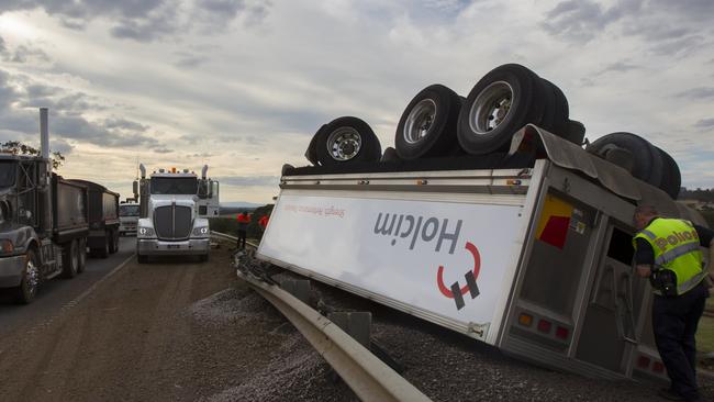 A loaded semi-trailer over-turned on Sunbury Rd near Melbourne Airport in 2014. Picture: Richard Serong