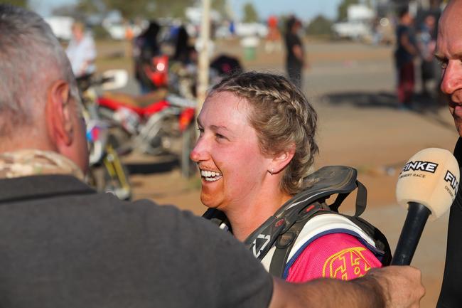 Chloe Beer was all smiles after making it back to Alice Springs from Finke. Pic: MATT HENDERSON