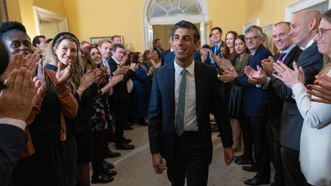 Rishi Sunak is welcomed to No. 10 Downing St after being sworn in as Britain’s new Prime Minister, the third in two months. Picture: Simon Walker / No. 10 Downing Street