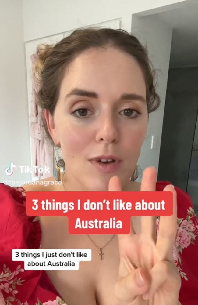 British expat Jordana Grace has listed the three things she doesn’t like about living in Australia. Picture: TikTok/thejordanagrace