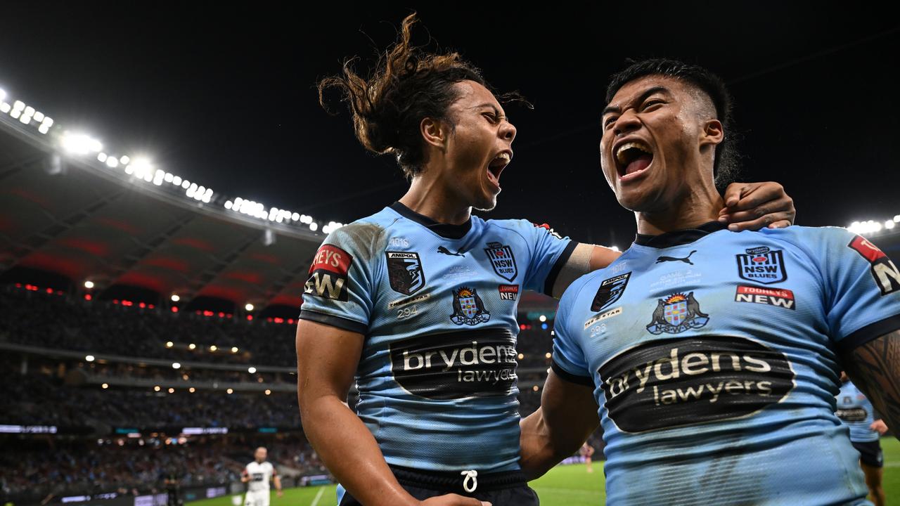 NRL- State of Origin 2022 Game 2 -NSW Blues v QLD Maroons at Optus Stadium, Perth. Jarome Luai and Brian To'o celebrate a try. Picture: NRL Photos