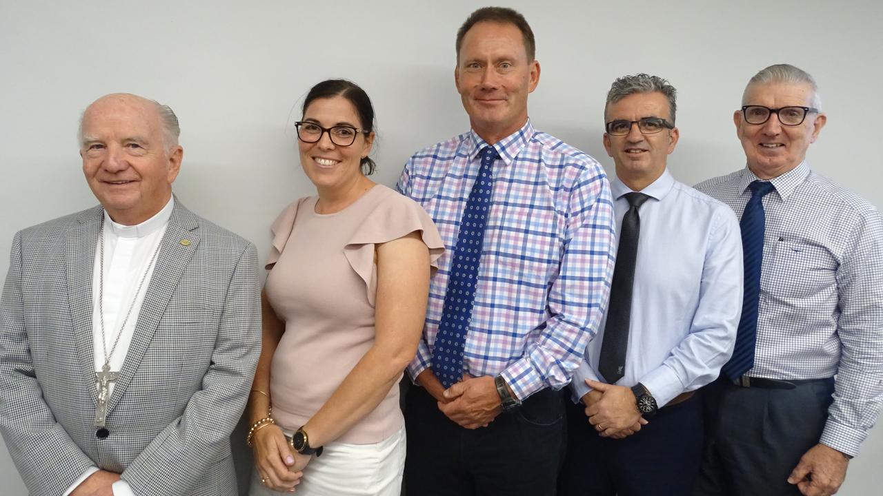 NEW FACES: Bishop Robert McGuckin with new Toowoomba Catholic school principals, Katrina Dunne, Keith Blaikie, Brendan Stewart and Toowoomba Diocese executive director of catholic schools Dr Patrick Coughlanan.