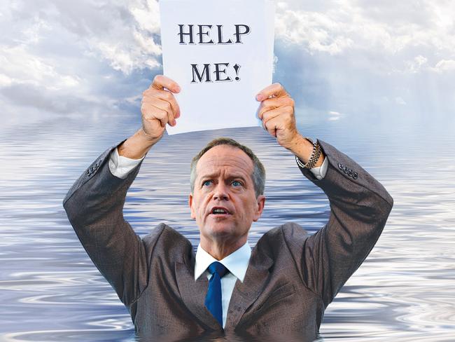 Conceptual image of senior businessman in suit up to waist in deep water worried about drowning in paperwork and holding help me document. Stormy clouds behind reflect in the ocean.