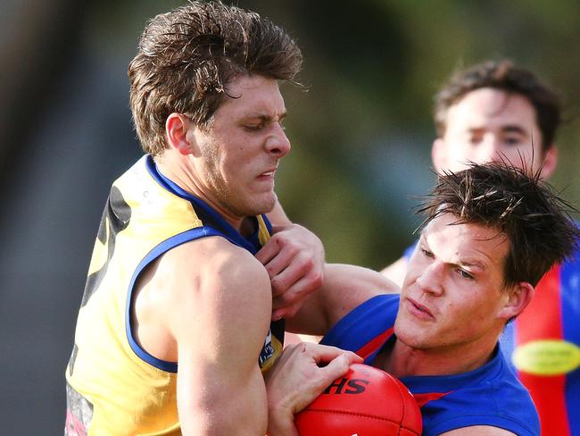 Kade Answerth tangles with Isaac Conway. Picture: Michael Dodge/AFL Media/Getty Images