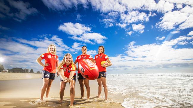 AFLW Gold Coast draftees Wallis Randell, 19, Annise Bradfield, 17, Lucy Single, 18 and Maddison Levi, 18. Picture: NIGEL HALLETT