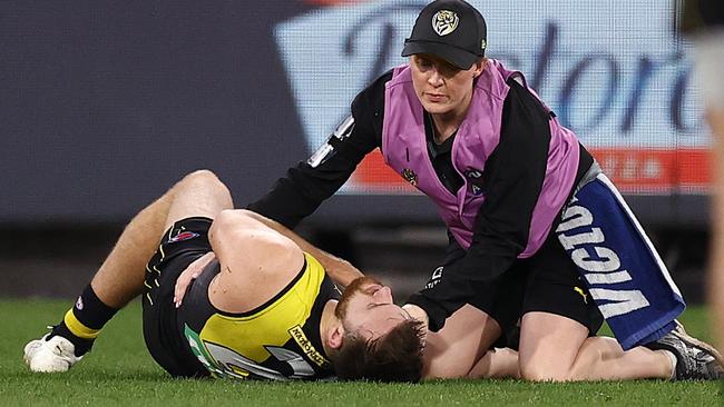 Noah Balta suffered a serious knee injury against the Saints. Picture: Michael Klein