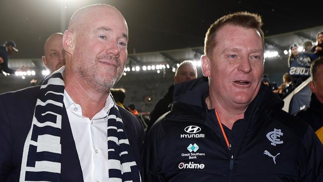 MELBOURNE, AUSTRALIA - SEPTEMBER 08: Blues President Luke Sayers and Michael Voss, Senior Coach of the Blues celebrate during the 2023 AFL First Elimination Final match between the Carlton Blues and the Sydney Swans at Melbourne Cricket Ground on September 08, 2023 in Melbourne, Australia. (Photo by Michael Willson/AFL Photos via Getty Images)