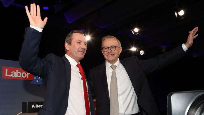 Mark McGowan and Anthony Albanese at Optus Stadium, Perth. Picture: Liam Kidston.