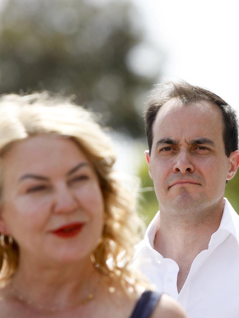 Liberal candidate Amanda Wilson on election day at Woodend Primary School, Sheidow Park with opposition leader Vincent Tarzia. Picture: Brett Hartwig