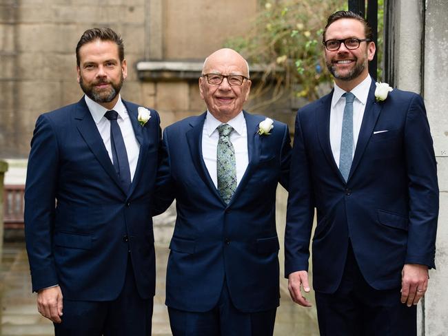 Rupert Murdoch with sons Lachlan (L) and James (R). Lachlan Murdoch will become the sole chair of News Corp while continuing as the executive chair and chief executive officer of Fox Corporation. Picture: AFP