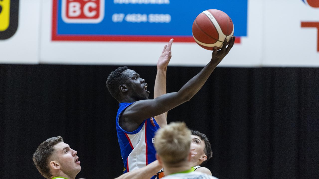 James Wol for Toowoomba Mountaineers against Rip City in Queensland State League Division 1 mens basketball semi-final at USQ's Clive Berghofer Recreation Center, Saturday, July 30, 2022. Picture: Kevin Farmer