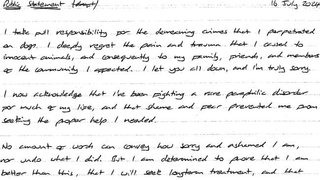 An 'apology' letter written by Adam Britton tendered at his sentencing. Picture: Supplied