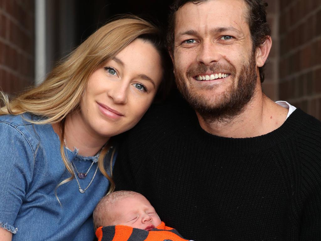 Sam Reid with his wife Elissa and newborn baby boy Elijah. Picture: Phil Hillyard