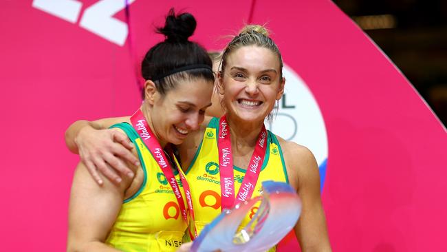 Ash Brazill and Liz Watson celebrate after the 2022 Netball Quad Series. Picture: Getty Images