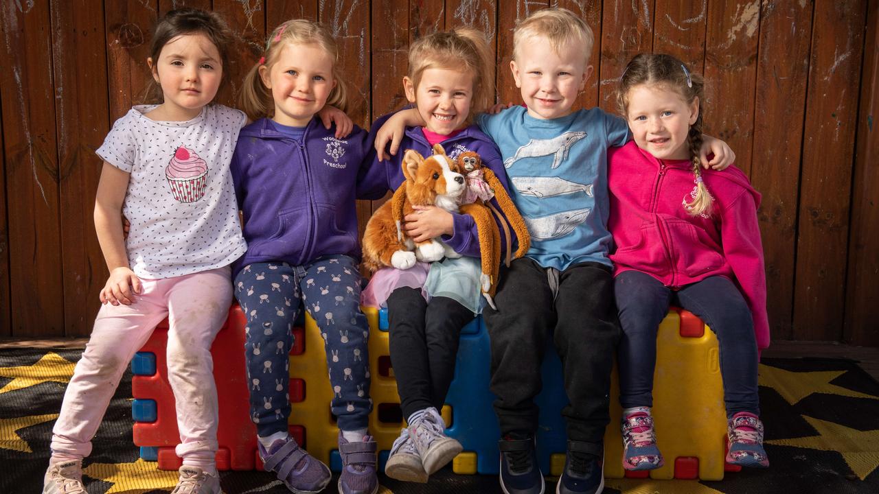 Savannah, centre, from Woodside Preschool with Harriet the travelling monkey and Rex the corgi. With classmates Addy, Elsie, Mason and Aria. Picture: Brad Fleet