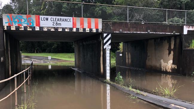 Water over Subway Ave at Pomona on the Sunshine Coast. Picture: Lachie Millard